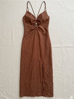 Zara Brown Linen-Blend Boho Midi Dress V-Neck O-Ring Cutout Side Slit Medium
